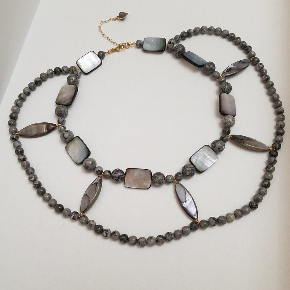 Natural Sea Shells, Picasso and Silver Leaf Jasper Necklace/Collar/ Choker